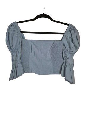 Urban Outfitters Blouse Blue Smocked Puff Sleeve Cropped Top XS/S Peplum Cottage